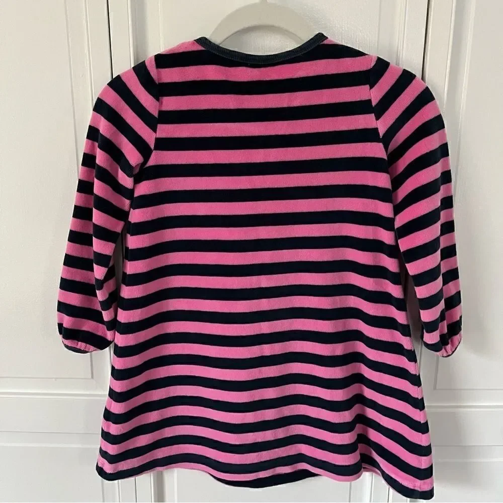 Mini Boden Girls Long Sleeve Velour Dress Pink and Navy Blue Striped Size 5-6